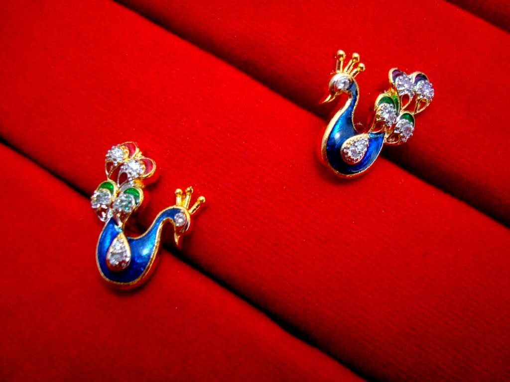 Daphne Zircon Studded Peacock Meenakari Pendant Earrings Set - EARRINGS