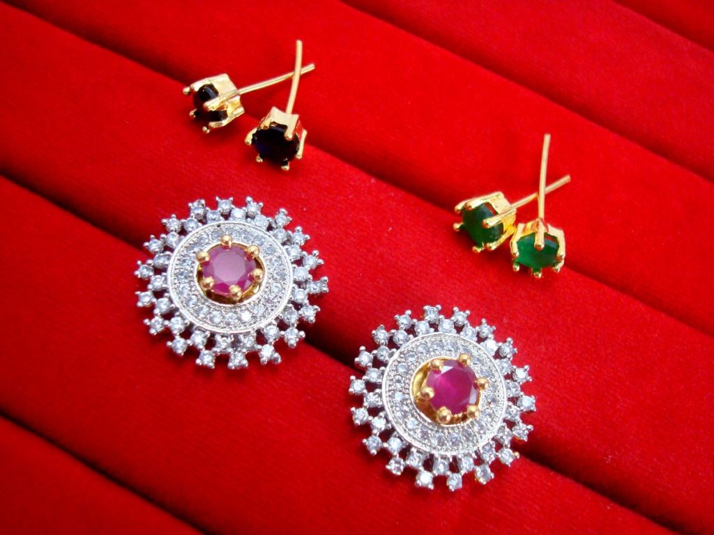SixInOne Changeable Studded Zircon Earrings for Women, Best Anniversary Gift - PINK