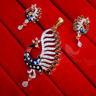 Daphne Chunky Studded Peacock Zircon Meenakari Pendant and Earrings