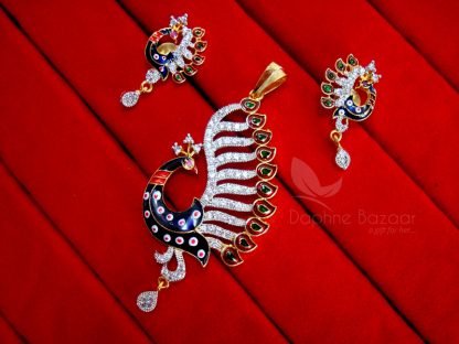 Daphne Chunky Studded Peacock Zircon Meenakari Pendant and Earrings