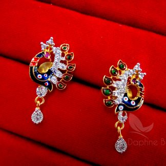 Daphne Chunky Studded Peacock Zircon Meenakari Pendant and Earrings - EARRINGS