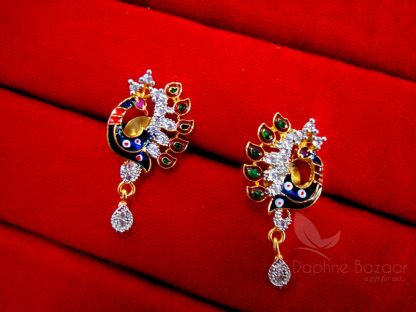 Daphne Chunky Studded Peacock Zircon Meenakari Pendant and Earrings - EARRINGS