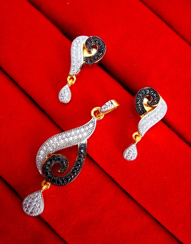 Daphne Designer Silver Black Zircon Studded Pendant Earrings for Women - PENDANT