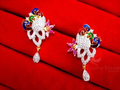 Daphne Pink Stone Multi Color Peacock Meenakari Zircon Earrings