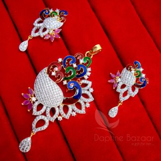Daphne Pink Stone Multi Color Peacock Meenakari Zircon Pendant and Earrings