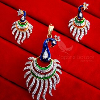 Daphne Rich Zircon Peacock Meenakari Pendant and Earrings, Gift for Wife