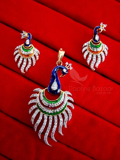 Daphne Rich Zircon Peacock Meenakari Pendant and Earrings, Gift for Wife