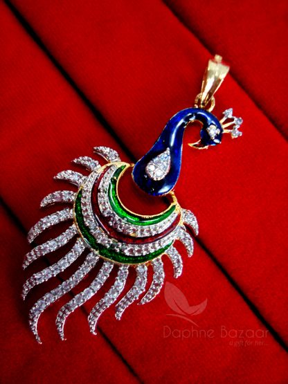 Daphne Rich Zircon Peacock Meenakari Pendant and Earrings, Gift for Wife - PENDANT