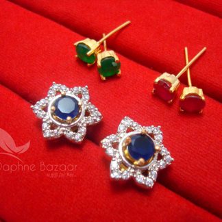 CE27, 6 in 1 Cute Flower Changeable Studded Zircon Earrings - BLUE