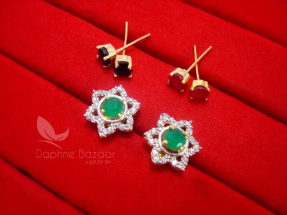 CE27, 6 in 1 Cute Flower Changeable Studded Zircon Earrings- GREEN