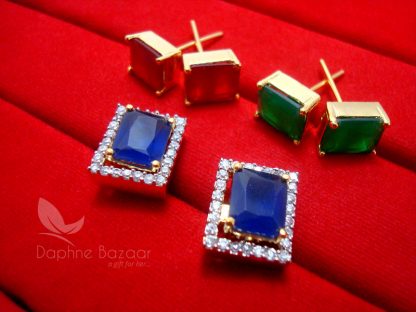 CE28, 6 in 1 Changeable Studded Zircon Earrings- BLUE