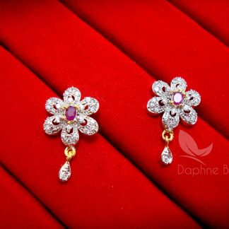 AD71, Daphne Pink Flower Zircon Studded Edge Earrings for Women