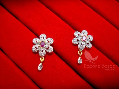AD71, Daphne Pink Flower Zircon Studded Edge Earrings for Women