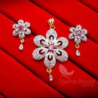AD71, Daphne Pink Flower Zircon Studded Pendant Earrings for Women