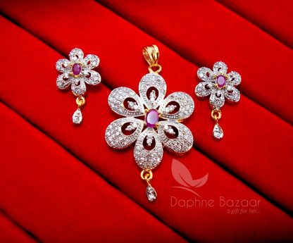 AD71, Daphne Pink Flower Zircon Studded Pendant Earrings for Women