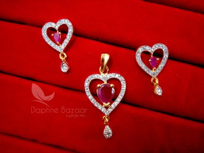 AD75, Daphne Designer Pink Heart Zircon Pendant Set for Women