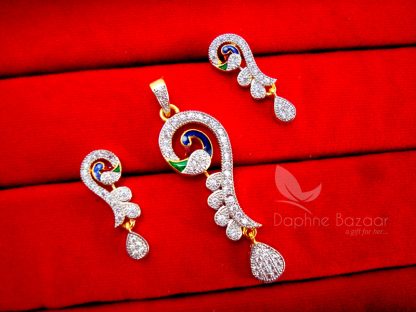 AD78, Daphne New Zircon Studded Peacock Meenakari Pendant Earrings