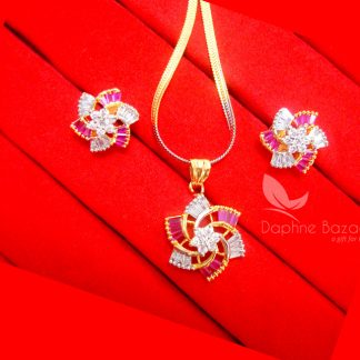 AD16, Daphne Pink Crystal Flower Pendant Earrings for Cute Rakhi Gift