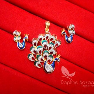 AD17, Daphne Zircon Studded Peacock Meenakari Pendant Earrings Set