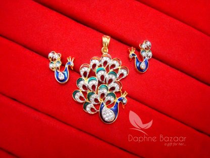 AD17, Daphne Zircon Studded Peacock Meenakari Pendant Earrings Set