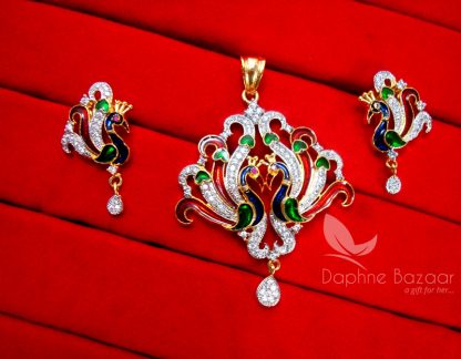 AD82, Daphne Multi Color Peacock Meenakari Zircon Pendant Set