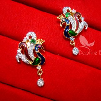 AD82, Daphne Multi Color Peacock Meenakari Zircon Pendant Set - EARRINGS