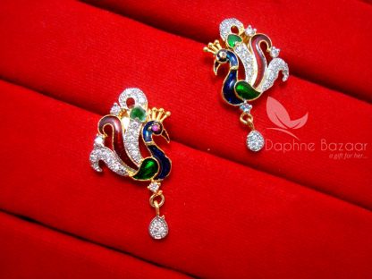 AD82, Daphne Multi Color Peacock Meenakari Zircon Pendant Set - EARRINGS