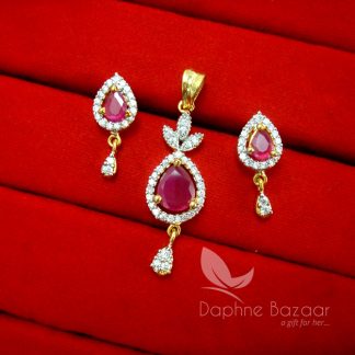 AD86, Daphne Pink Flora Zircon Studded Pendant Set