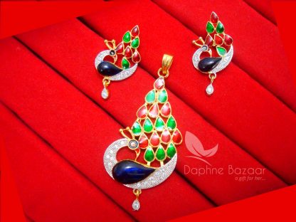 AD89, Daphne Peacock Zircon Meenakari Pendant Set