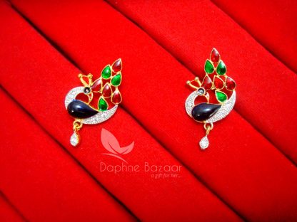 AD89, Daphne Peacock Zircon Meenakari Pendant Set - EARRINGS