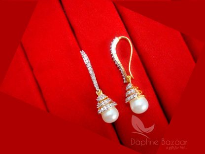 E25, Tiny Zircon Studded Pearls Hangings Earrings for Girls - SIDE LOOK