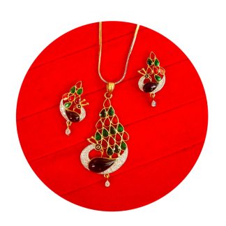 Wedding Wear Peacock Zircon Meenakari Pendant Set Christmas Gift For Wife AD89