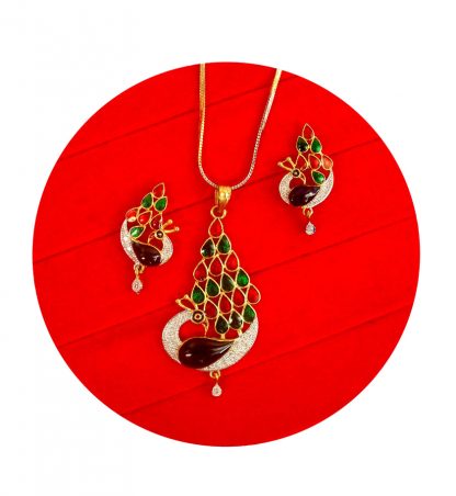 Wedding Wear Peacock Zircon Meenakari Pendant Set Christmas Gift For Wife AD89