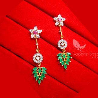 Daphne Party Wear Pink, Green Zircon Hanging for women