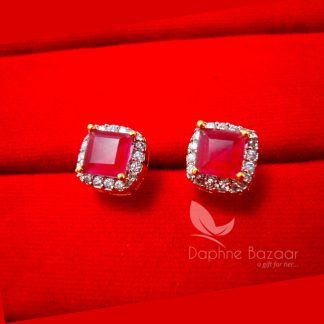 E36, Daphne Pink Zircon Square Earrings for women - Close up