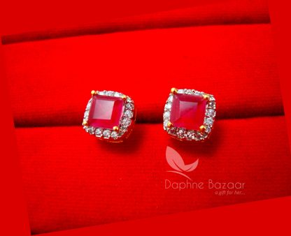 E36, Daphne Pink Zircon Square Earrings for women - Close up
