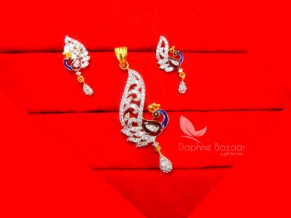 PE11, Daphne Peacock Meenakari Zircon Pendant and Earrings, Gift for Wife