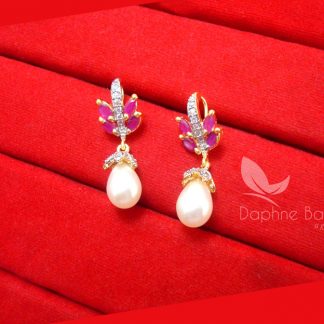 E57, Pink Zircon studded Pearls Hangings Earrings for Girls