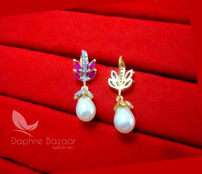 E57, Pink Zircon studded Pearls Hangings Earrings for Girls