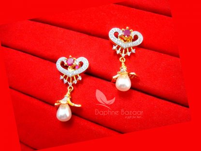 E59, Pink Zircon studded Heart Shape Pearls Hangings