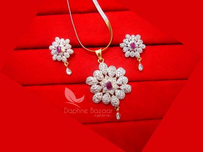 Z35, Daphne Pink Flower Zircon Studded Pendant Earrings for Women