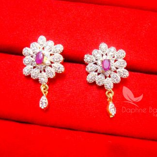 Z35, Daphne Pink Flower Zircon Studded Pendant Earrings for Women