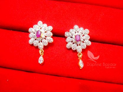 Z35, Daphne Pink Flower Zircon Studded Pendant Earrings for Women