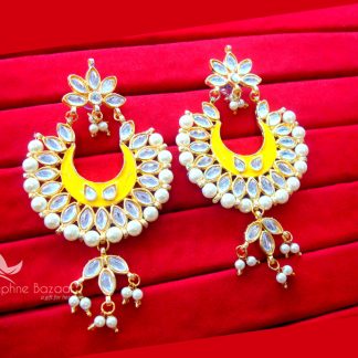 K14, Daphne Yellow Mena Kundan Earrings with pearls for women