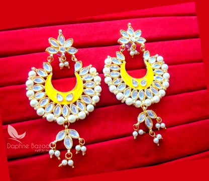 K14, Daphne Yellow Mena Kundan Earrings with pearls for women