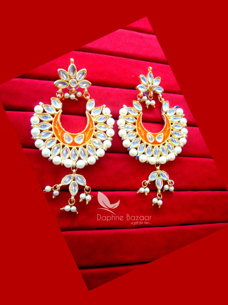 K15, Daphne Orange Mena Kundan Earrings with pearls for women