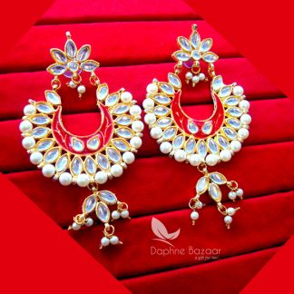K16, Daphne Red Mena Kundan Earrings with pearls for women