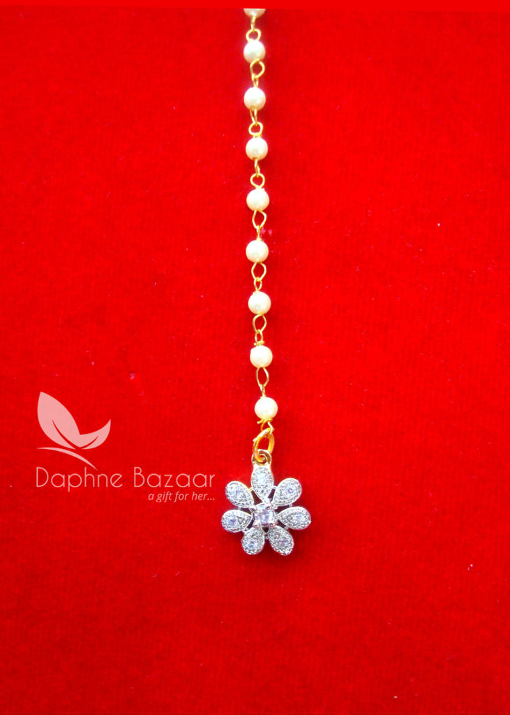 MAG29 Daphne Zircon Carving Maang Tikka with Pearls for Women Closeup View