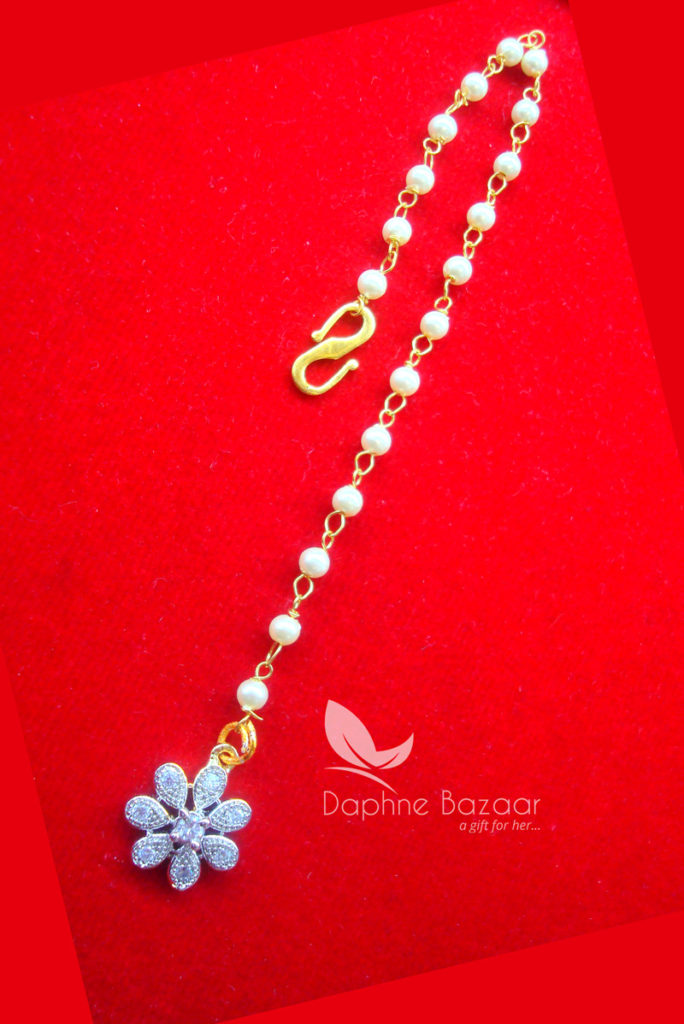 MAG29 Daphne Zircon Carving Maang Tikka with Pearls for Women Full View