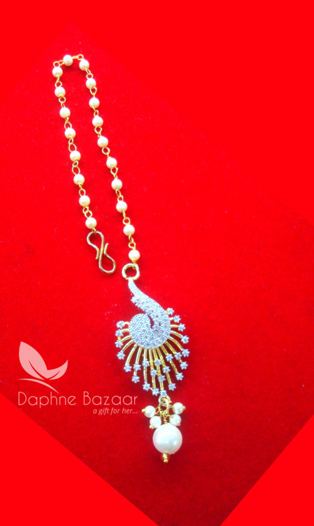 MAG31, Daphne Zircon Carving Maang Tikka with Pearls for Women 